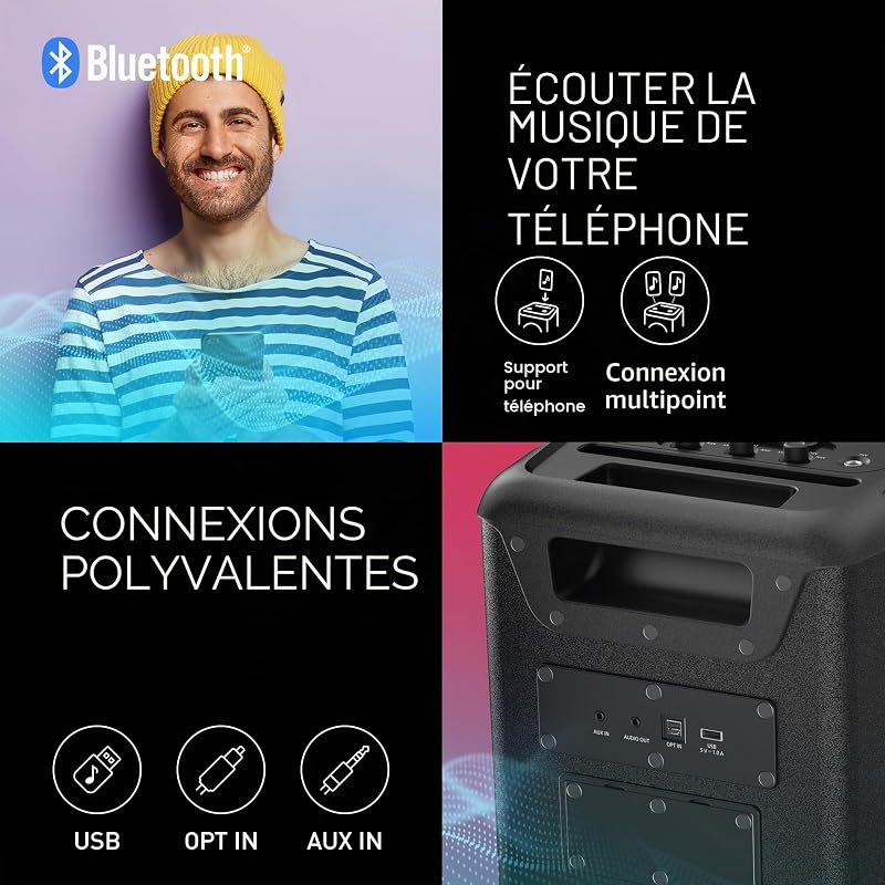 SC-BMAX10E-K Enceinte de Fête Portable avec Bluetooth, Lumières Intégrées, 150W, USB, Entrée Optique pour TV, Entrées Guitare et Micro pour Karaoké, Noir
