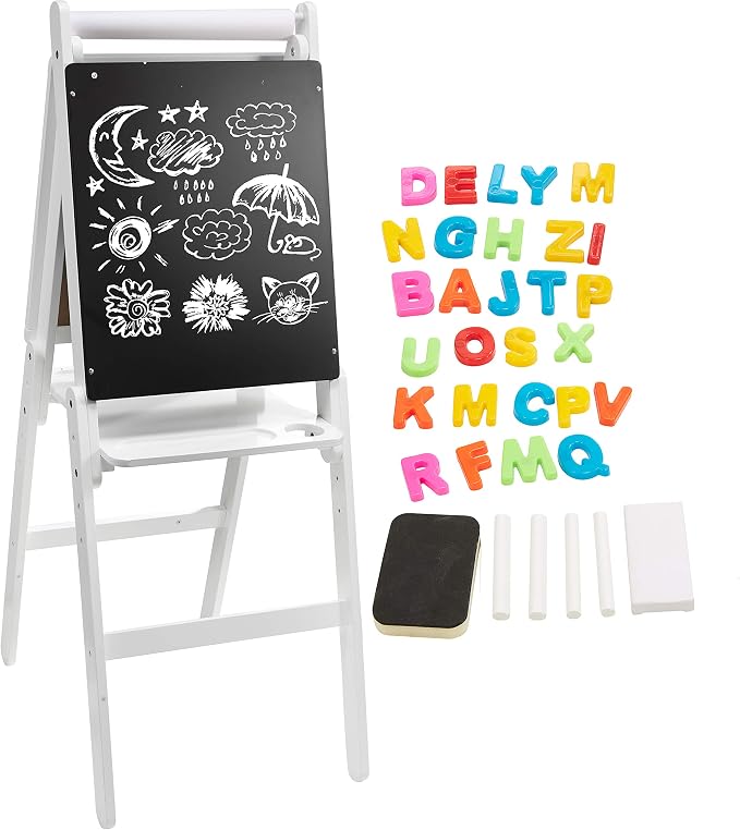 Chevalet Bois Enfant Double Face - Tableau Noir/Blanc + Rouleau Papier - Hauteur Réglable