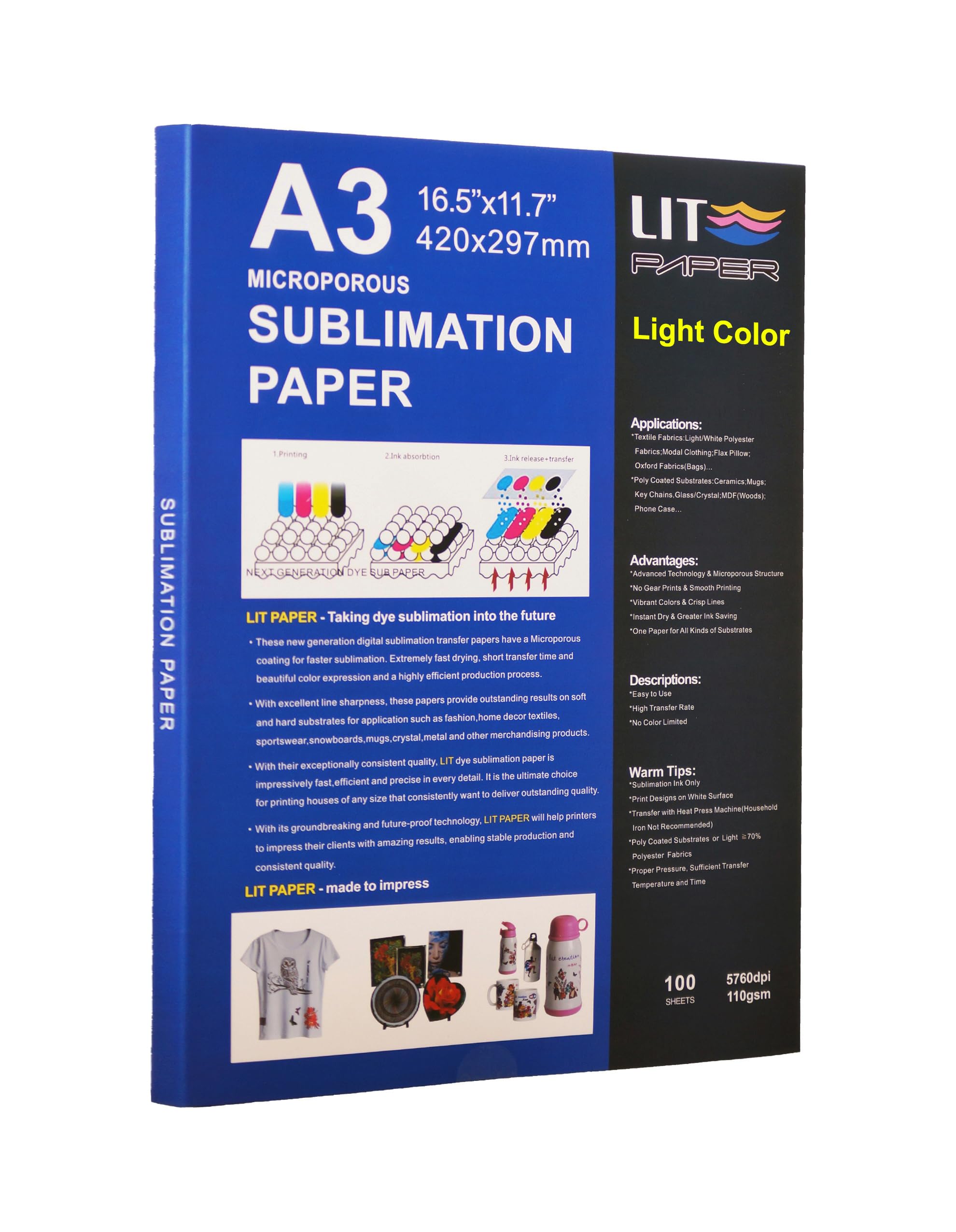 LIT Sublimation Paper A3 420x297 mm, 100 Sheets 110gsm Heat Press Transfer Paper - for Any Epson Sawgrass Ricoh HP Canon Inkjet Sublimation Printers with Sublimation Ink for Sub Blanks Shirts Mugs
