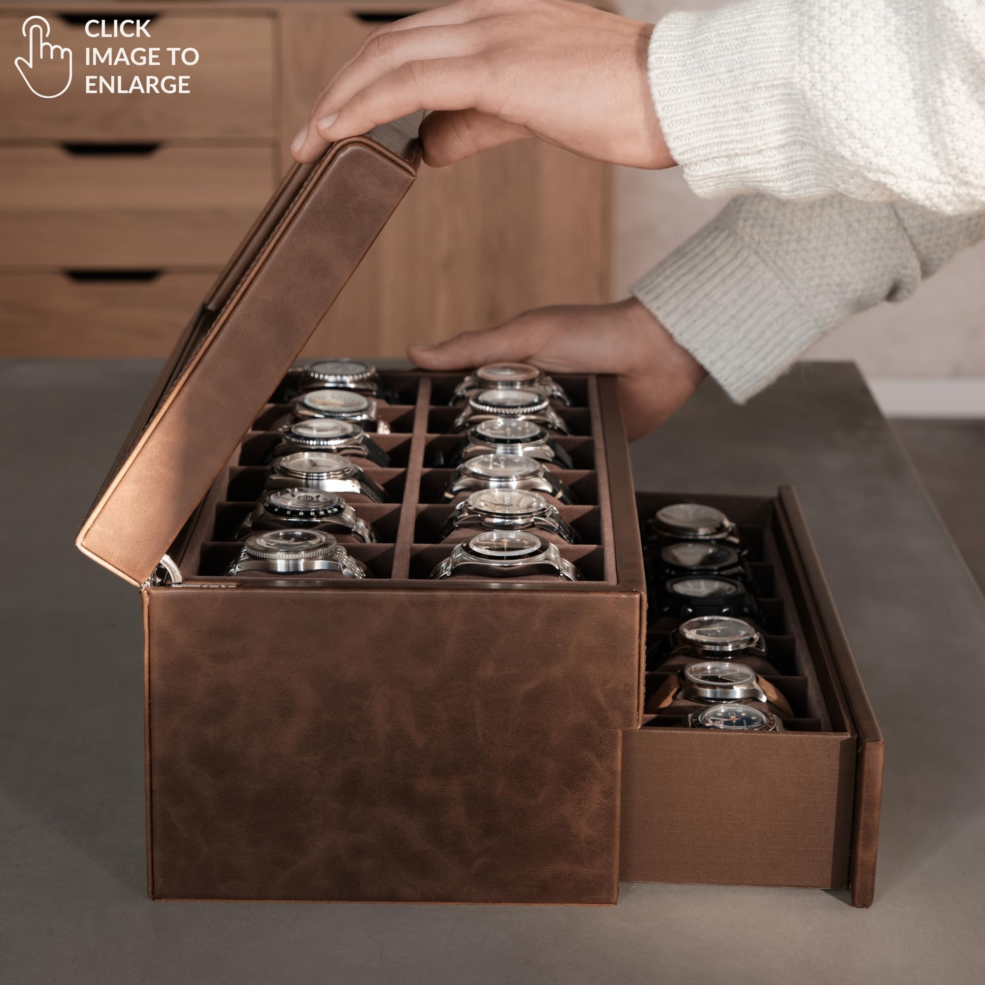 TAWBURY 24 Slot Watch Box for Men - Double-Layer Design for Optimized Storage | Removable Drawer for Easy Handling (Brown)