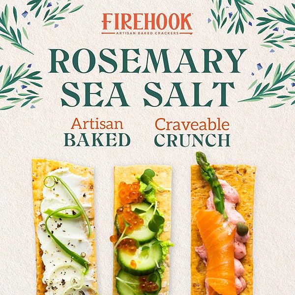 FIREHOOK ROSEMARY SEA SALT CRACKERS – ARTISAN BAKED, CRAVEABLY CRUNCHY, INFUSED WITH DELICATE ROSEMARY & FLAKY SEA SALT – ORGANIC, NON-GMO, KOSHER – 8 OZ BOX