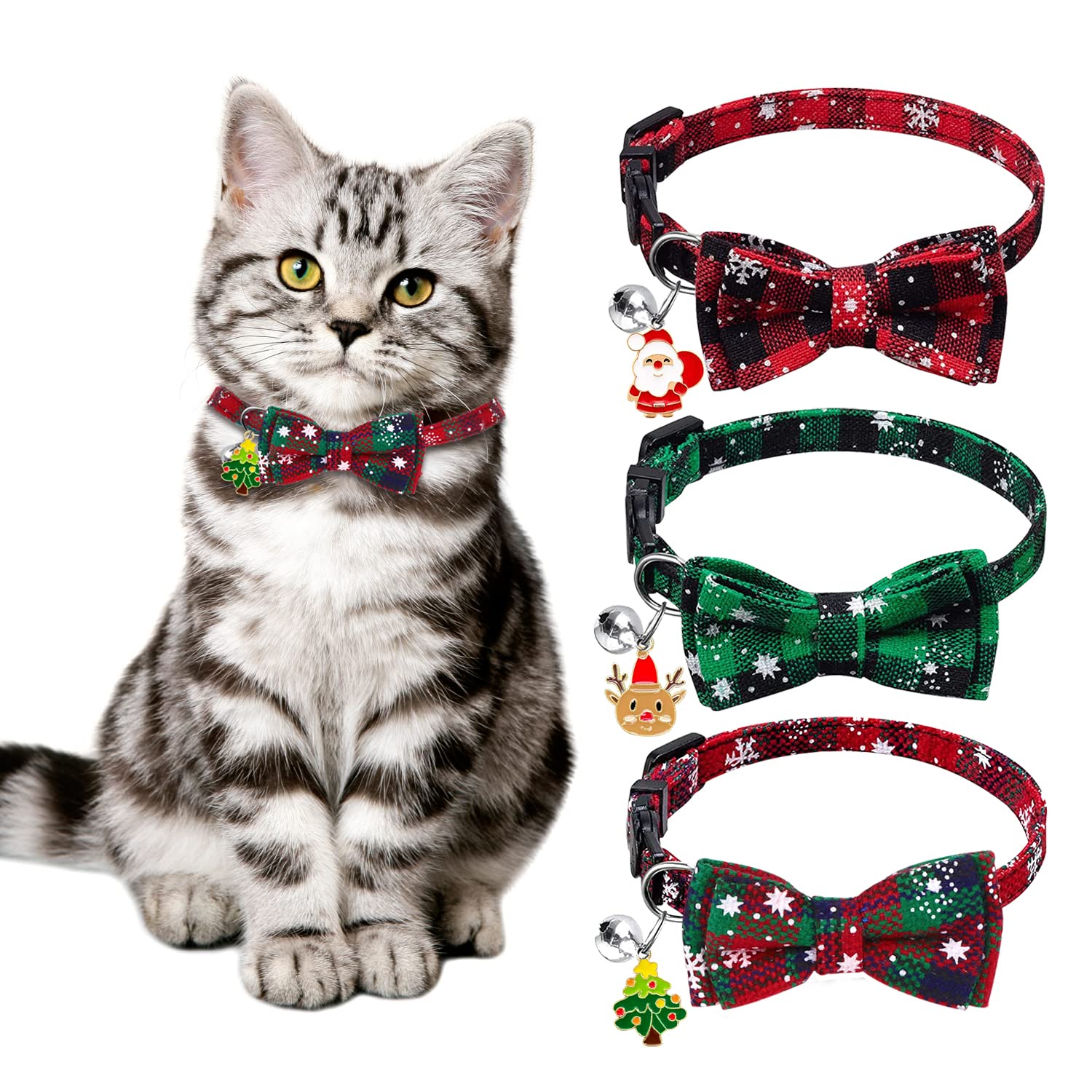 DTYDECLE 3 Pack Christmas Plaid Cat Collars, Breakaway Cat Collars with Bow Tie Bells Xmas Adjustable Plaid Snowflake Collar Safety Quick Release for Puppy Kitten Supplies