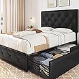 Yaheetech Upholstered Bed Frame with 4 Storage Drawers and Adjustable Headboard, Faux Leather Platform Bed Frame with Mattress Foundation, Strong Wooden Slats Support, No Box Spring Needed, Black-Full