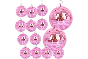Mirror Balls, MUZTOP 14 Pack Disco Ball Ornaments Hanging Disco Mirror Ball for DJ Stage Club Wedding Holiday Home Party Decor, 6 Inch, 2 Inch (Pink)