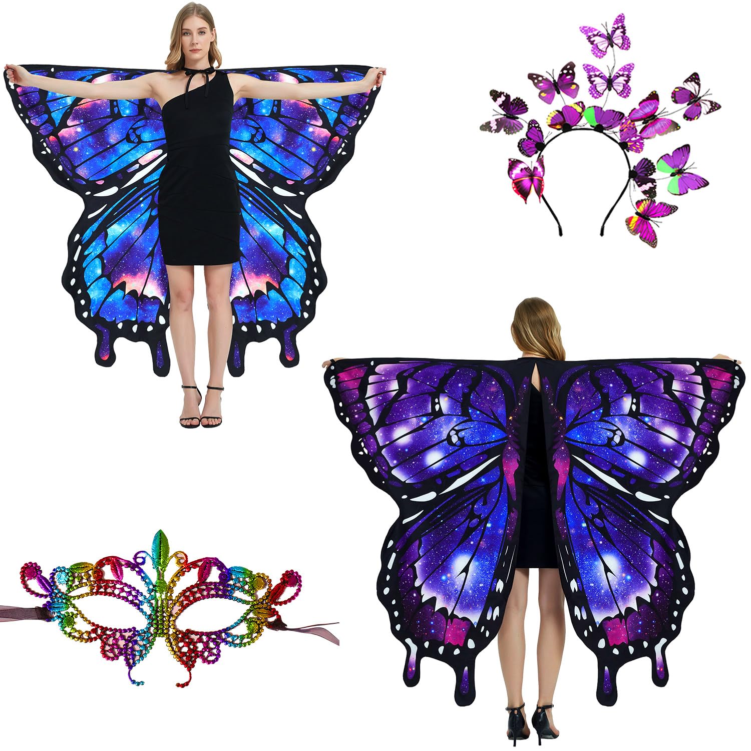 LYL. Ling Halloween Costumes Adult Women，Double-Sided Butterfly Wings Adults，Purple Butterfly Costume for Women，3PCS Fairy Wings Set.