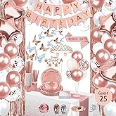 UJoyant 236 Pcs Birthday Decorations For Women, Rose Gold Party Decorations Kit For Girls Or Women - Butterfly, Hanging Swirl, Balloon Stand, Sash, Tiara, Banner, Balloon, Tableware For 25 Guest
