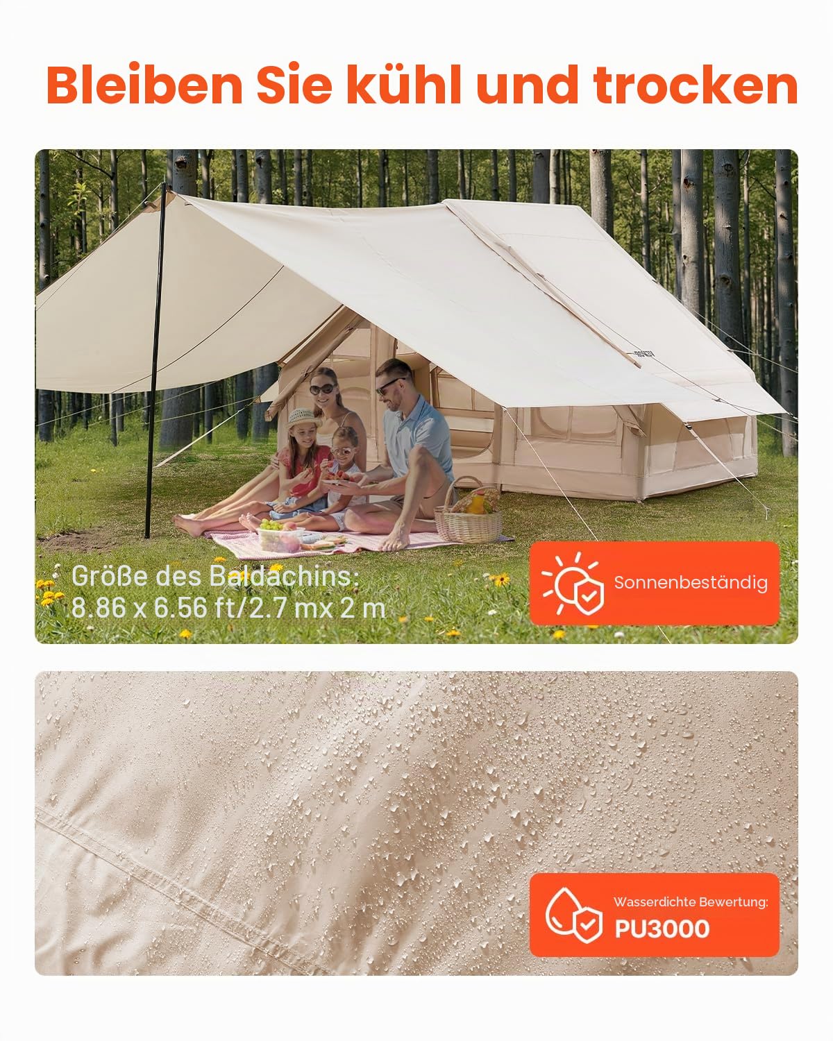 VEVOR Aufblasbare Zelte für Camping 3x2x2 m, 3–5 Personen, 300D Oxford 4-Jahreszeiten-Glamping-Zelt mit Baldachin, Handpumpe, Ofenanschluss, 2 Türen & 2 Netzfenstern (Aufbewahrungstasche inkl.) 5