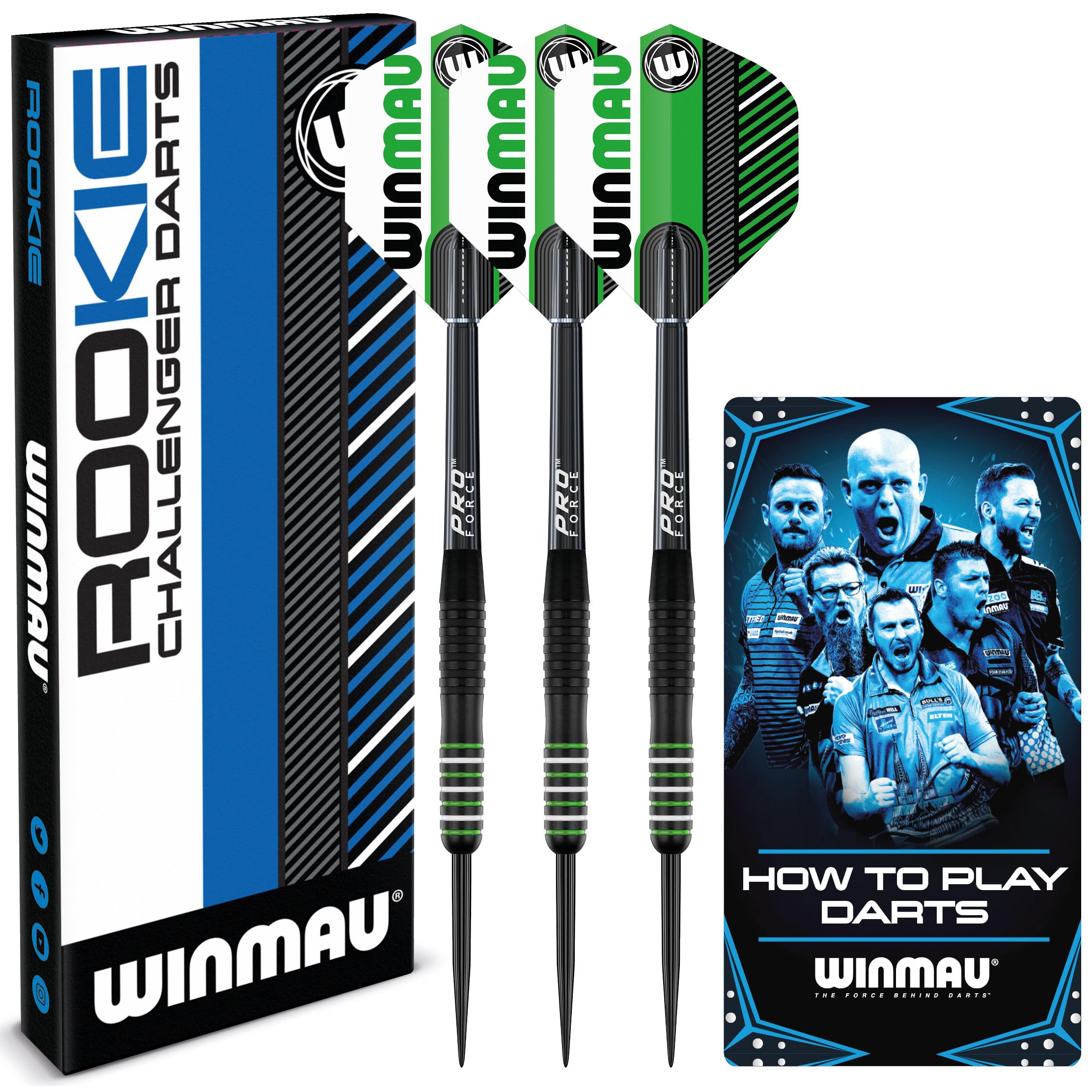WINMAU Rookie Green Steeltip Brass Darts Set | Single or Multi Sets | Includes Flights and Shafts (Stems) | Exclusive Darts Booklet | Blue, Red and Green |