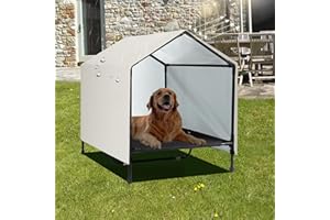 CAREDPETS Indoor Outdoor Dog House Large Breed | Medium Large Dog House Outdoor Raised Elevated Dog Bed Cot with Canopy, Waterproof & Sunproof Outside Dog Shade Shelter Tent (39" x 30" x 34")