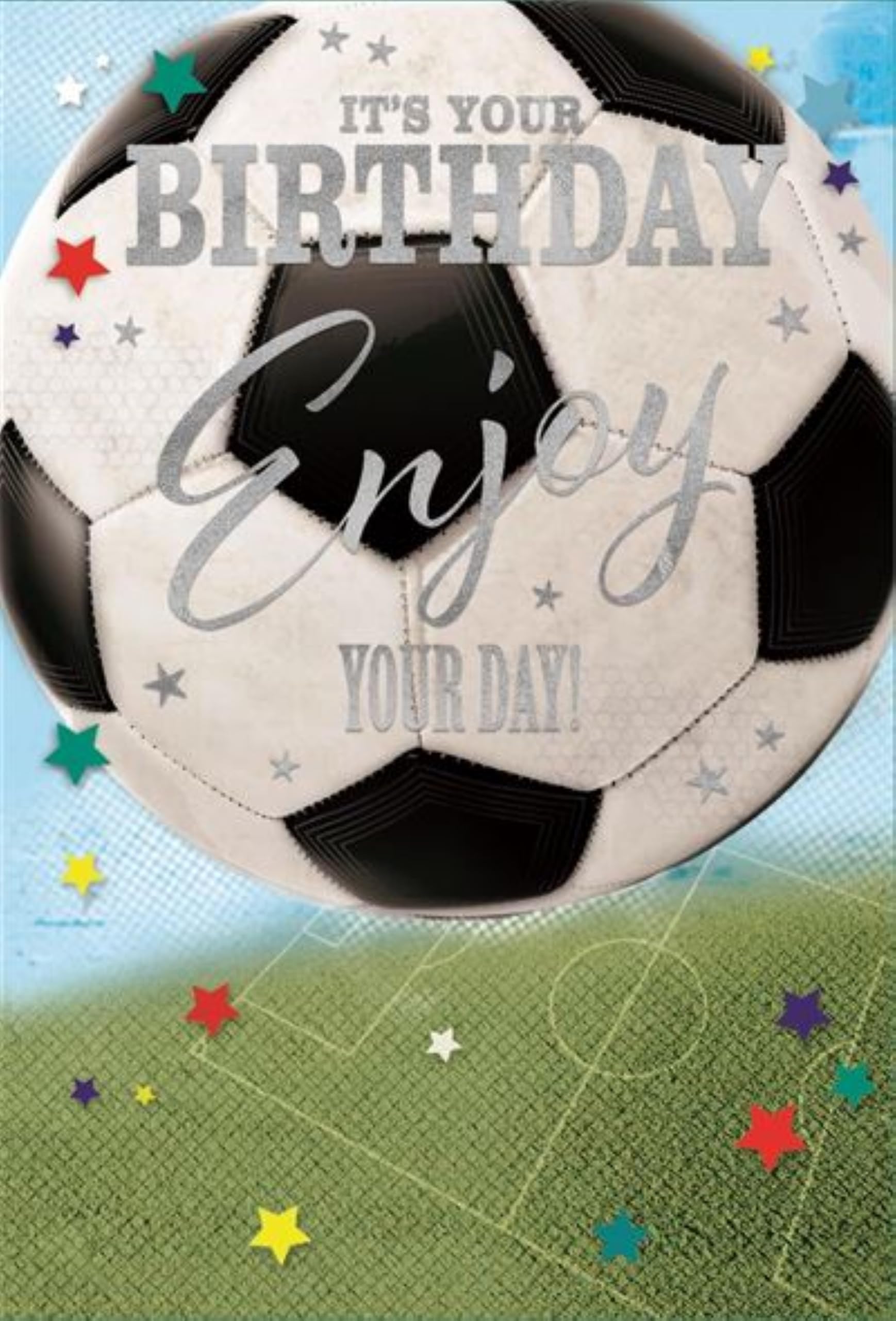 Open Male Birthday Card - Big Football above Pitch and Silver Foil 7.5x5.5