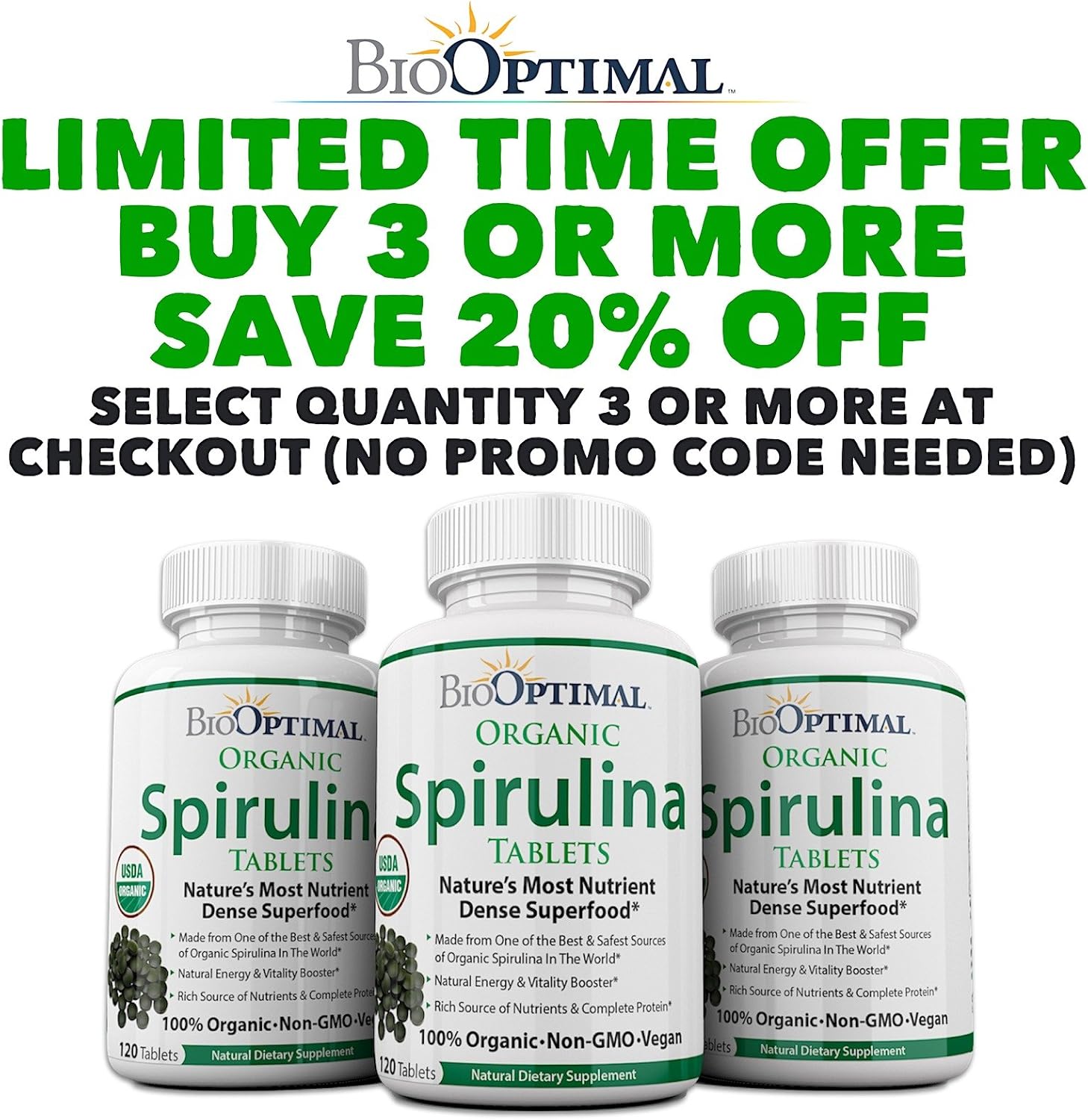 Organic Spirulina Tablets, 100% USDA Organic, Premium Quality 4 Organic Certifications, Non-GMO, No Additives Capsules or Fillers, 120 Count 1 Month Supply: Health & Personal Care