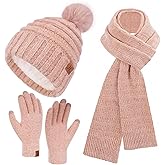Womens Winter Hats Beanie Touchscreen Gloves Long Scarf Set Knit Warm Caps with Pom Fleece Gifts for Women