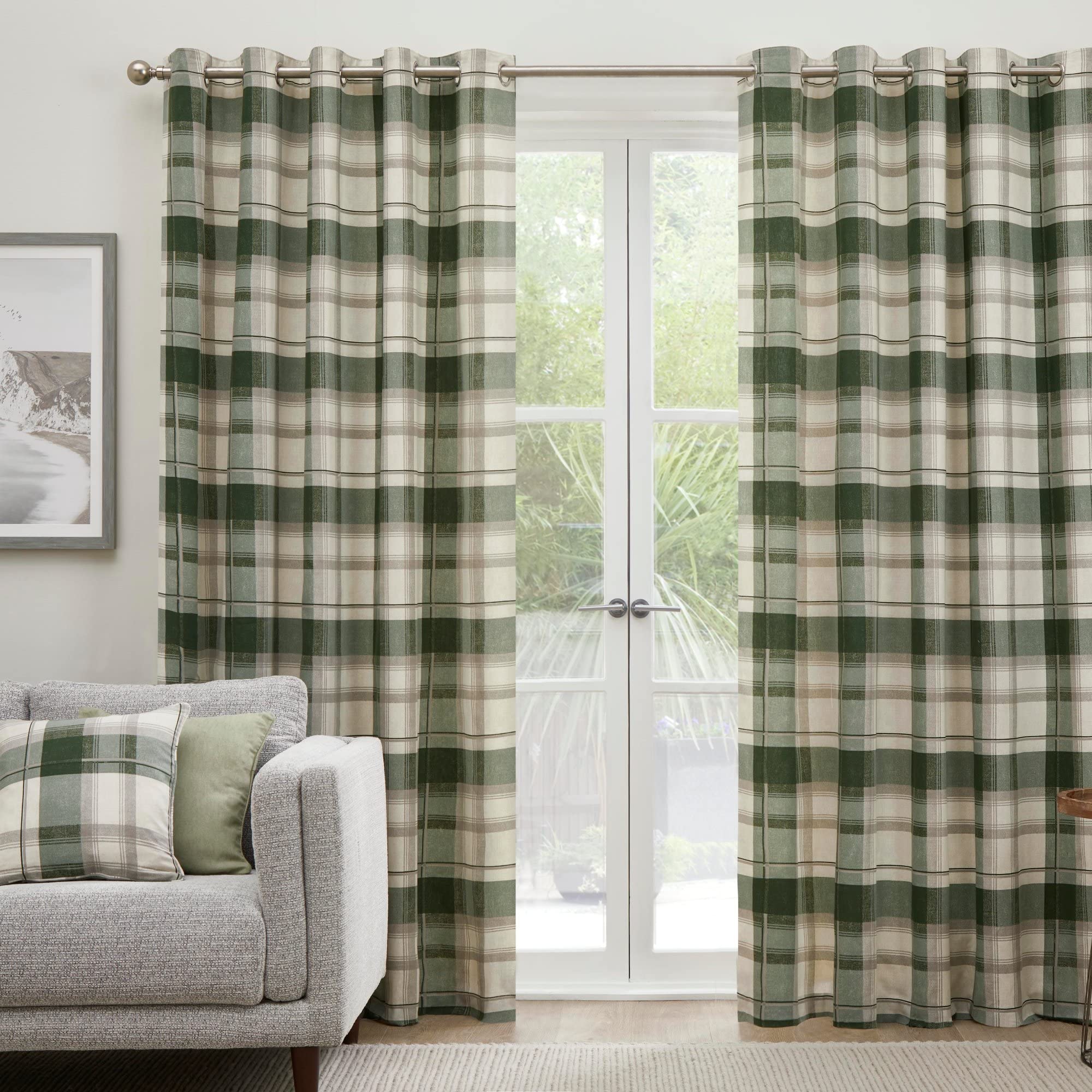 Fusion Jeannie Green Tartan Eyelet Curtains – W46 x L72 (117x183cm) – 100% Cotton – 2 Panels – Olive Green Plaid Drapes – Lined Curtains for Bedroom/Living Room/Office – Check Pattern Window Dress