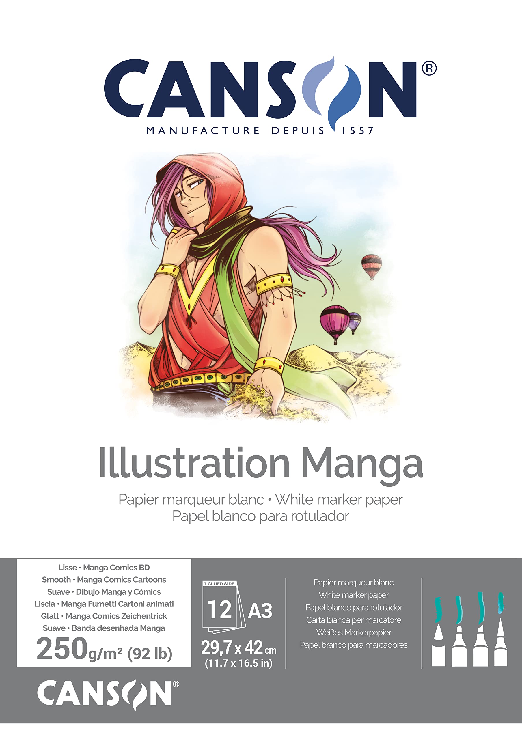 Canson Illustation 250gsm Drawing Paper, high-White Smooth Texture, A3 pad Including 12 Sheets