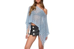 LOWAKAR Women Sheer Poncho Top Glitter Mesh Lightweight Knit Crochet Shrug Y2K Batwing Sleeve Sweater Cover Up Beachwear
