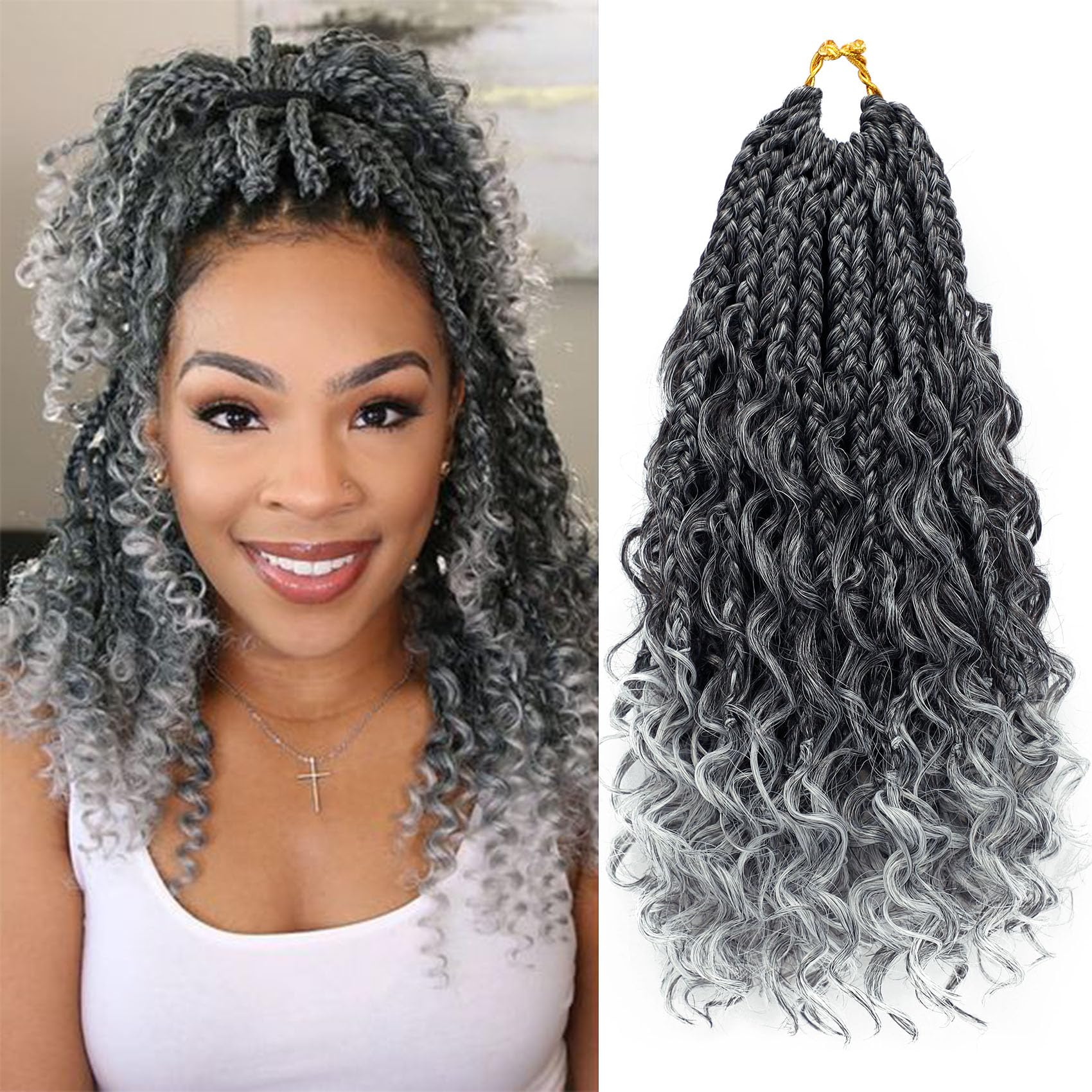 Photo 1 of Goddess Box Braids Crochet Hair 10 Inch 8 Packs Pre-looped Bohemian Crochet Boho Box Braids With Curly Ends Grey 3X Crochet Braids Hair for Women Synthetic Braiding Hair (10inch,TGRAY)
