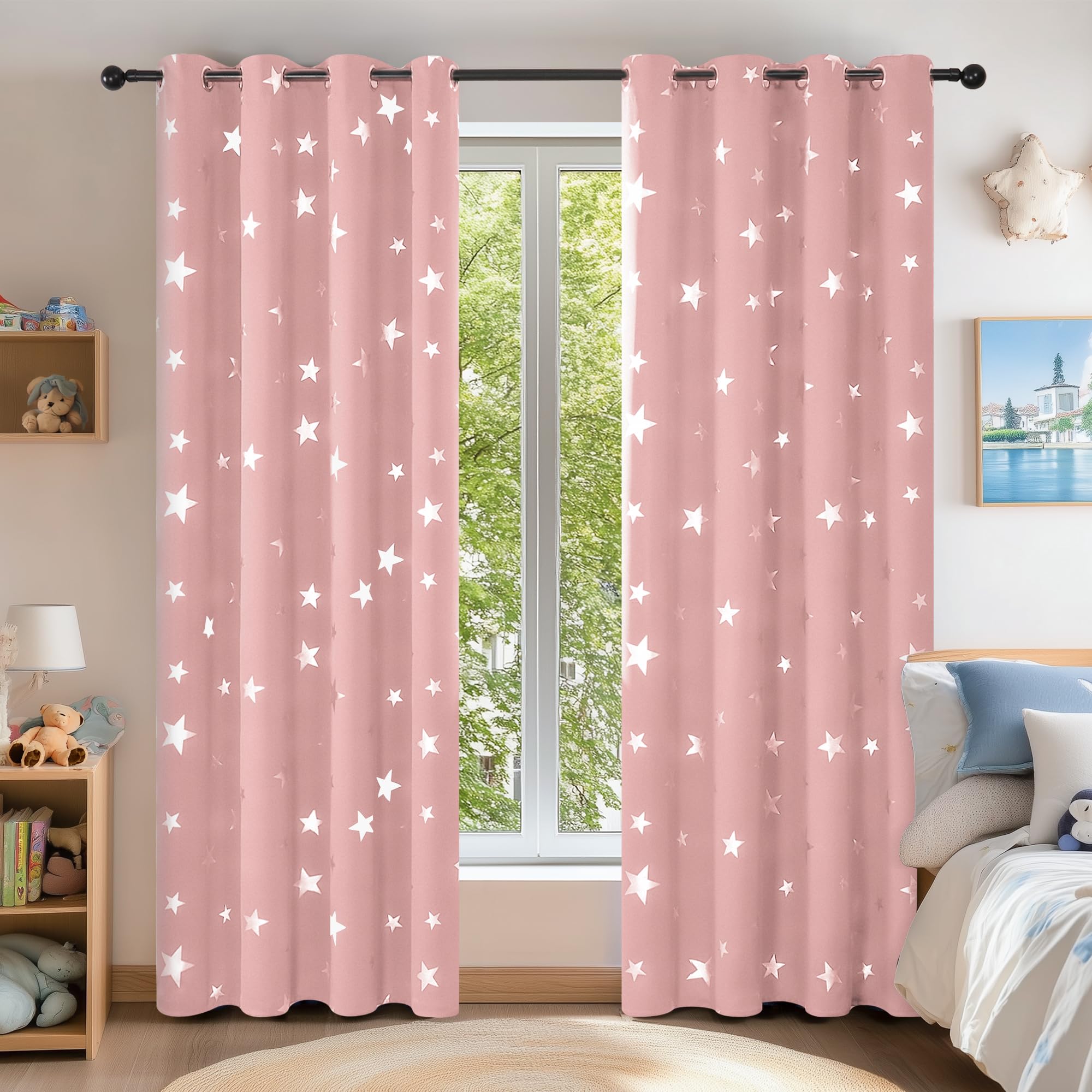 Deconovo Blackout Eyelet Curtains Thermal Insulated Silver Star Foil Printed Curtains for Bedroom 46x90 Inch Coral Pink 2 Panels