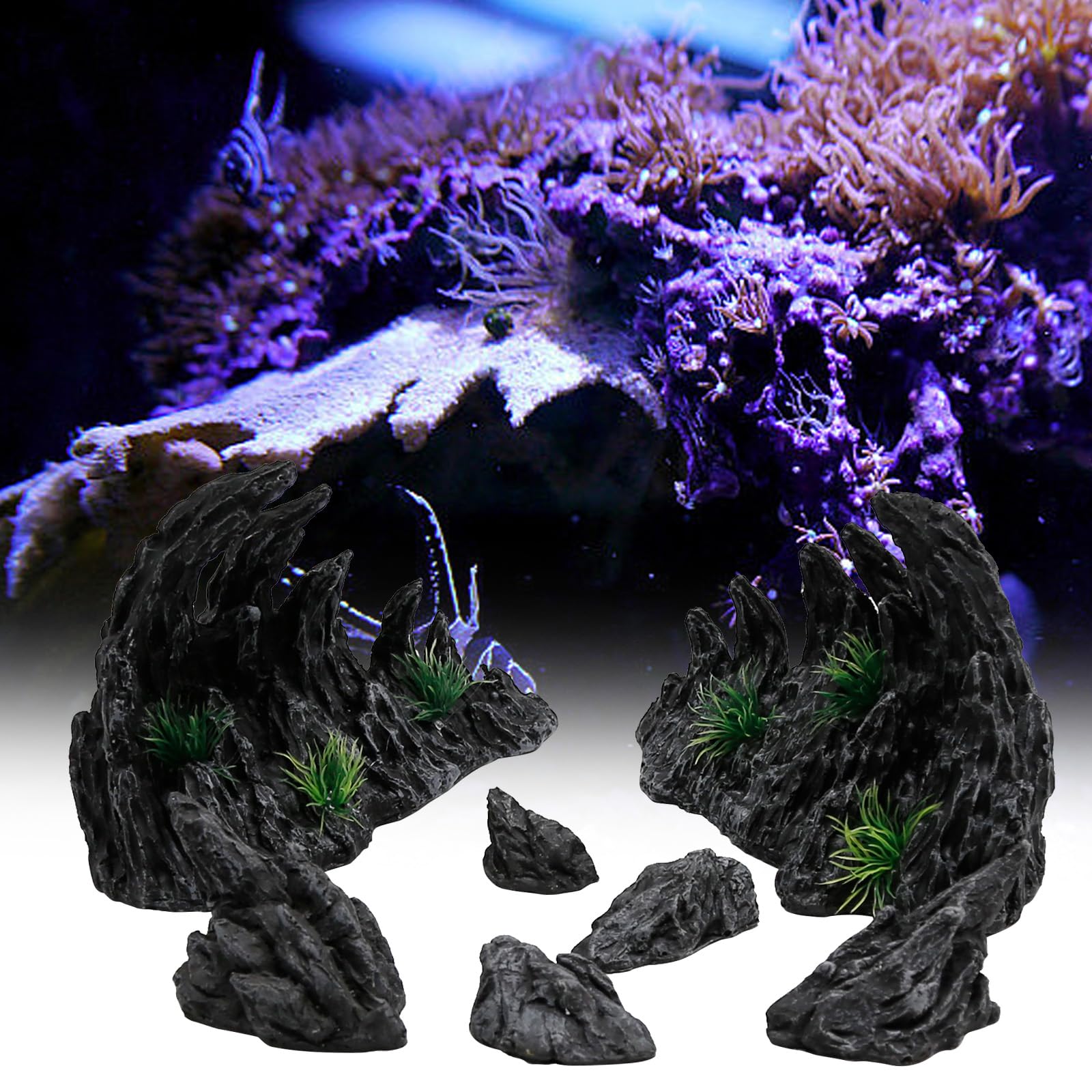 Photo 1 of “Soul Valley” 7pcs Resin Aquarium Decor Set – Large Fish Tank Decorations, Imitation Stone Ornaments for 10-20 Gallon Tanks, Natural Live Rock Style Decor for Fresh/Saltwater Aquariums