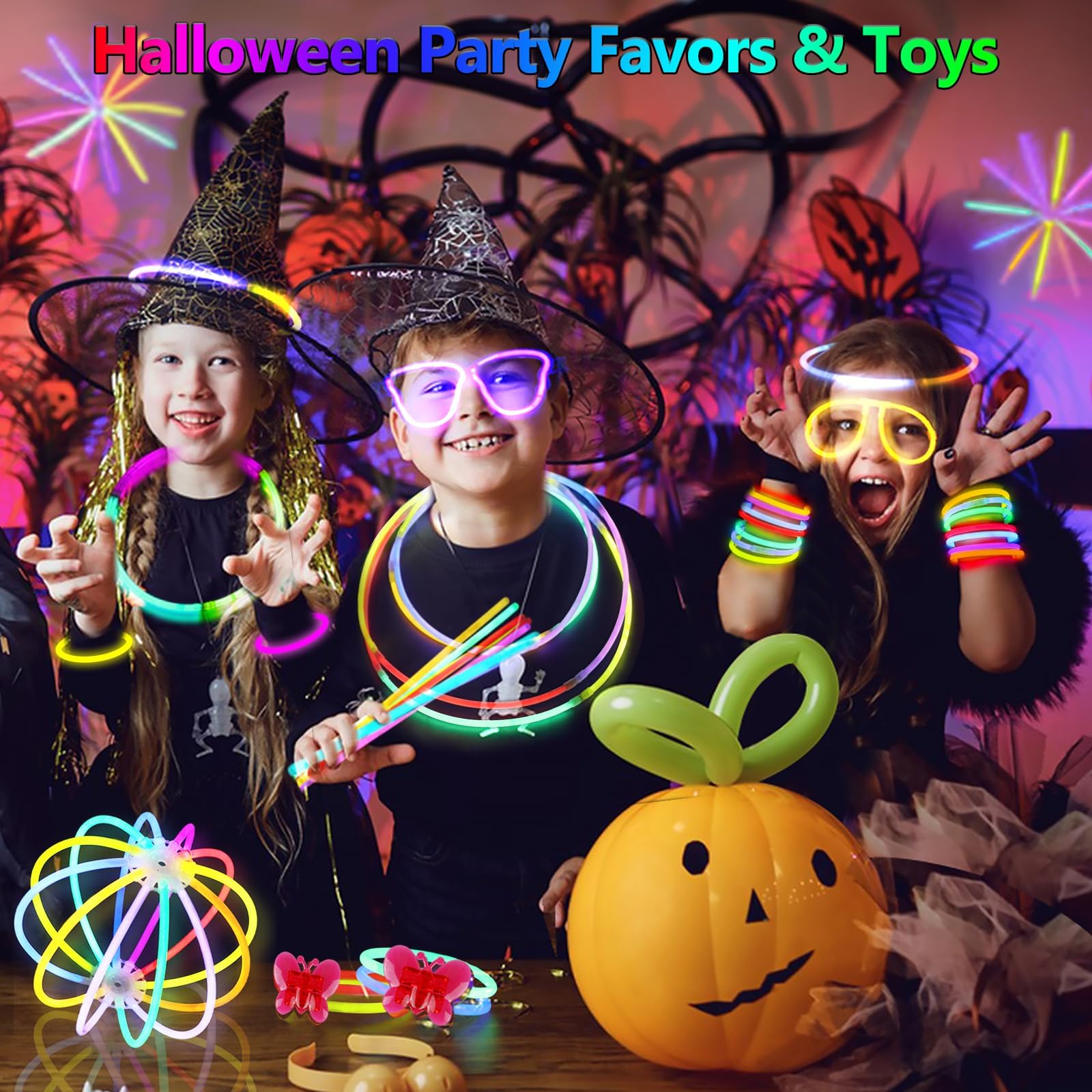 BUDI 467Pcs Glow Sticks - Halloween Party Favors Glow in the Dark Party Supplies for Kids Adults 4th of July Accessories Neon Decors Glowsticks Bulk 8 Inch & Connectors Necklace Bracelet Glasses
