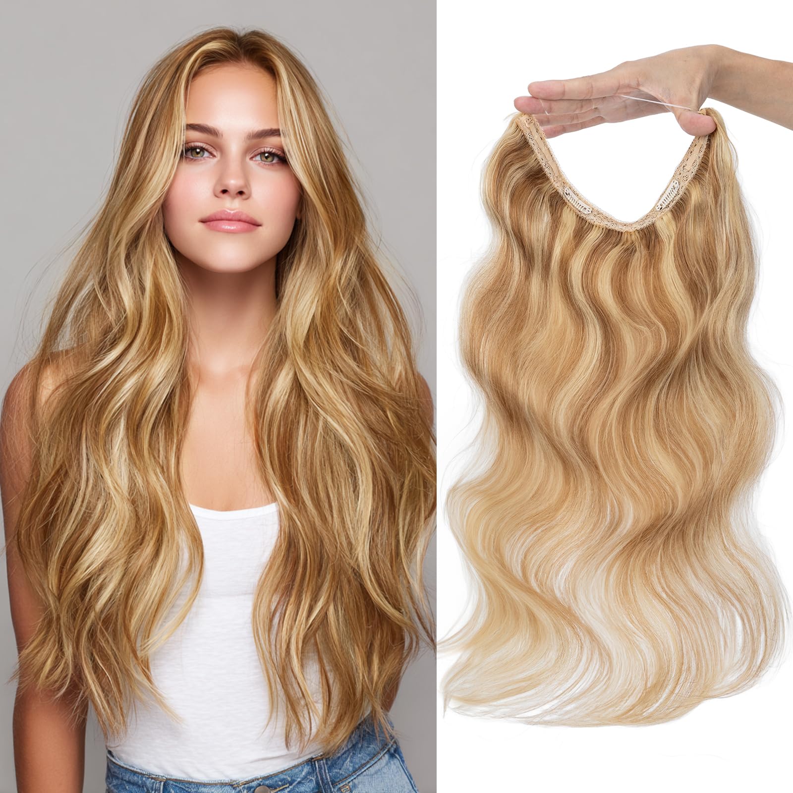 Photo 1 of Charites Halo Hair Extensions Real Human Hair Invisible Wire Extensions with Transparent Fish Line Wavy Curly Halo Clip in Human Hairpieces Golden Brown & Bleach Blonde 16 Inch