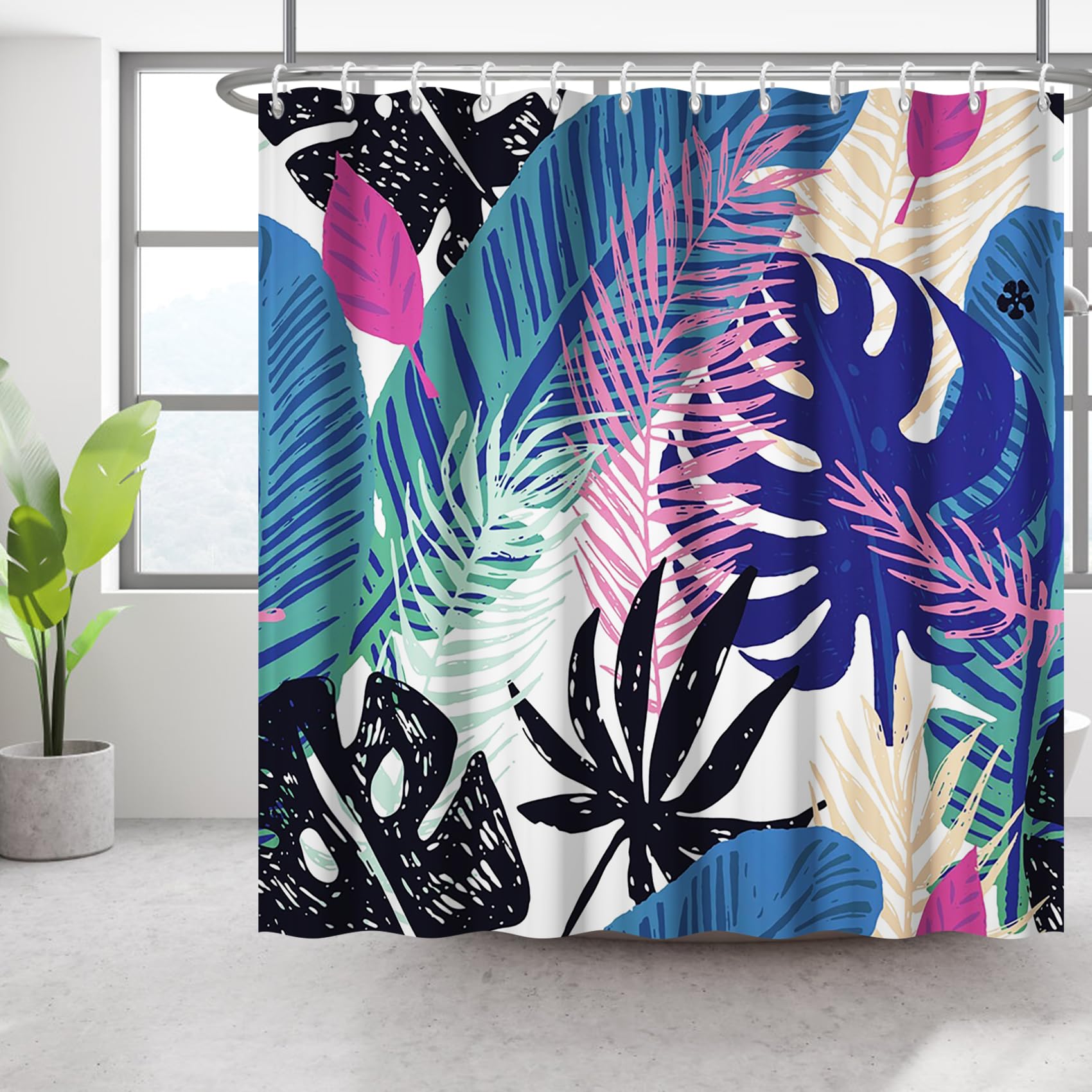 Bovlleetd 71x79inch Abstract Plant Shower Curtain Watercolor Bohemian Tropical Plant Bathroom Curtain Mid-Century Art Shower Curtain Waterproof Bath Curtain Washable for Bathroom Decor — image 1
