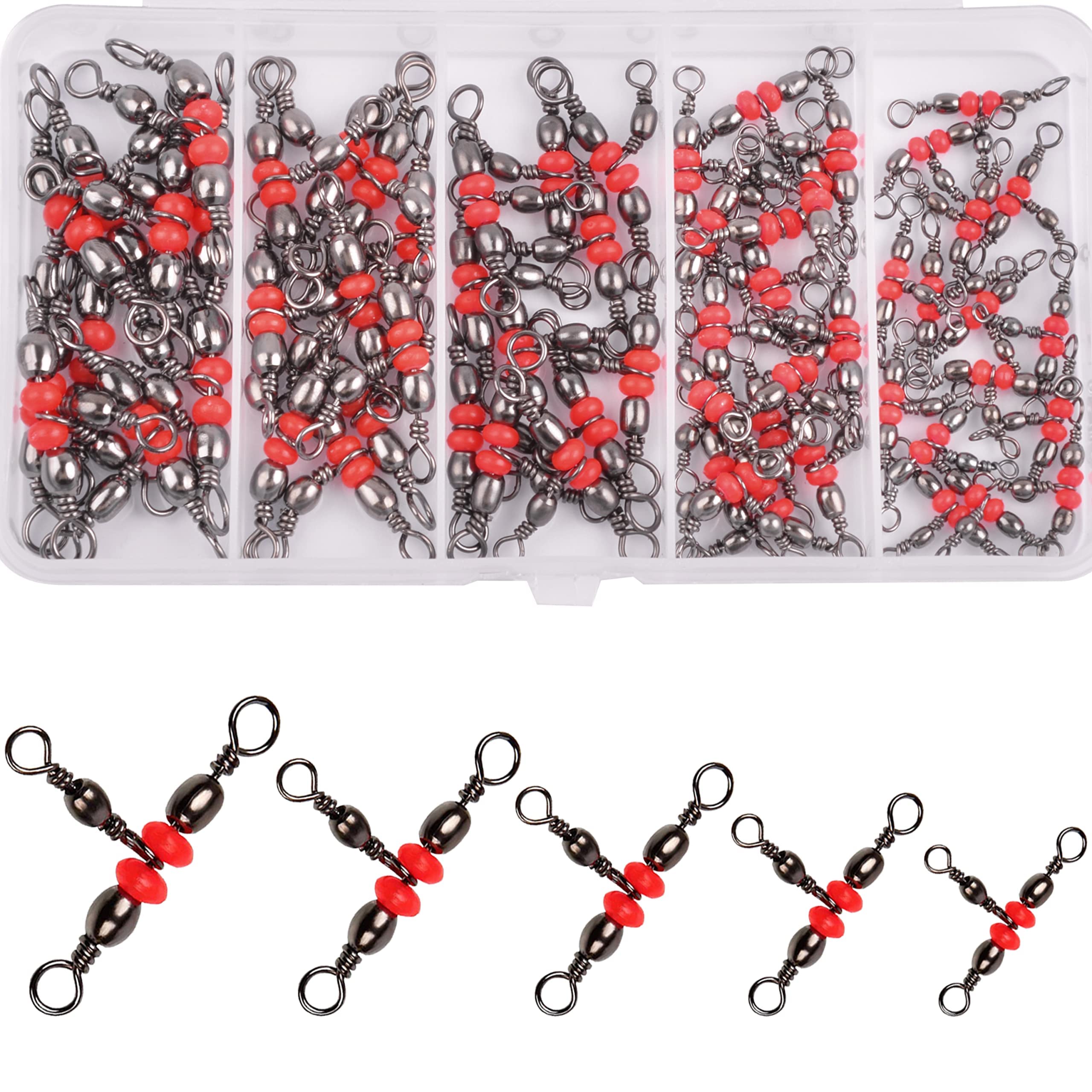 SHADDOCK 50pcs/box Three Way Fishing Barrel Swivels T-Turn Cross Line Triple Barrel Swivels Red Brass Rolling Swivel Fishing Line Connector Clips with Tackle Box