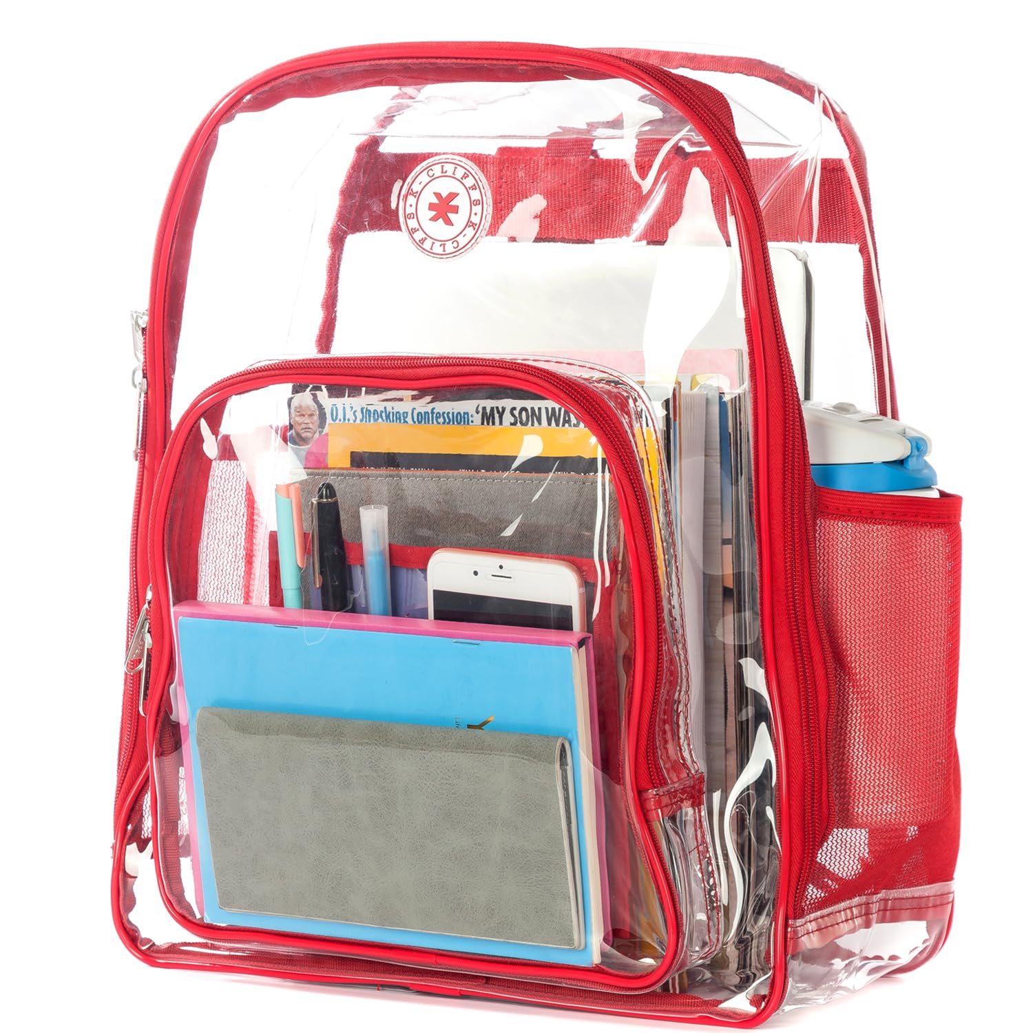Super Heavy Duty Clear Backpack Durable 0.5mm Vinyl Completely See Through Daypack 17" Transparent Student School Bookbag (Clear/Red Trim)