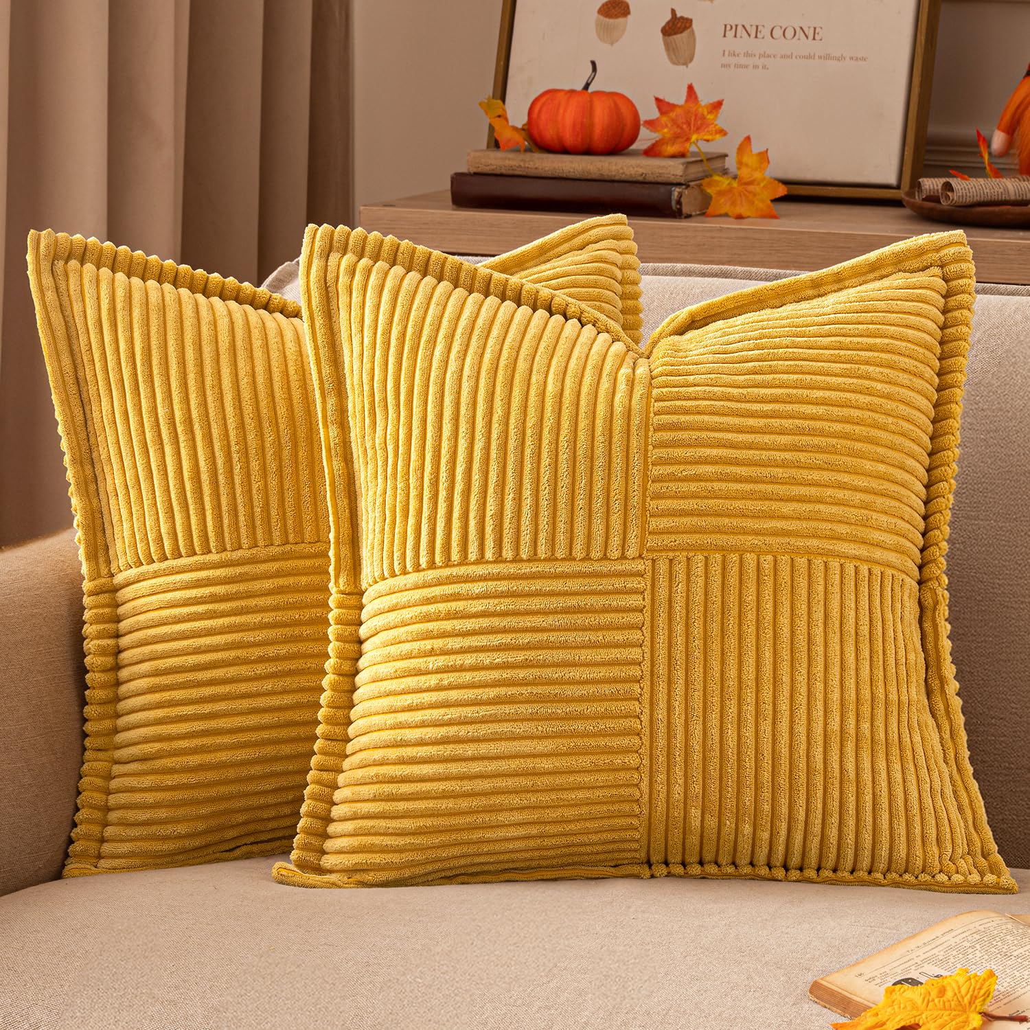 EMEMA Corduroy Cushion Covers, Autumn Decorative Cushion Cover, 45 x 45 cm, Sofa Cushion, Decorative Cushion, Couch Cushion, Set of 2 for Living Room, Bedroom, Turmeric