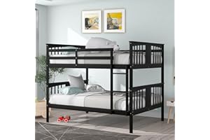 LostCat Full Over Full Bunk Beds, Wood Full Size Bunk Bed with High Length Guardrail and Ladder for Kids Teens Dorm Bedroom Guest Room, No Box Spring Needed, No Noise, Black