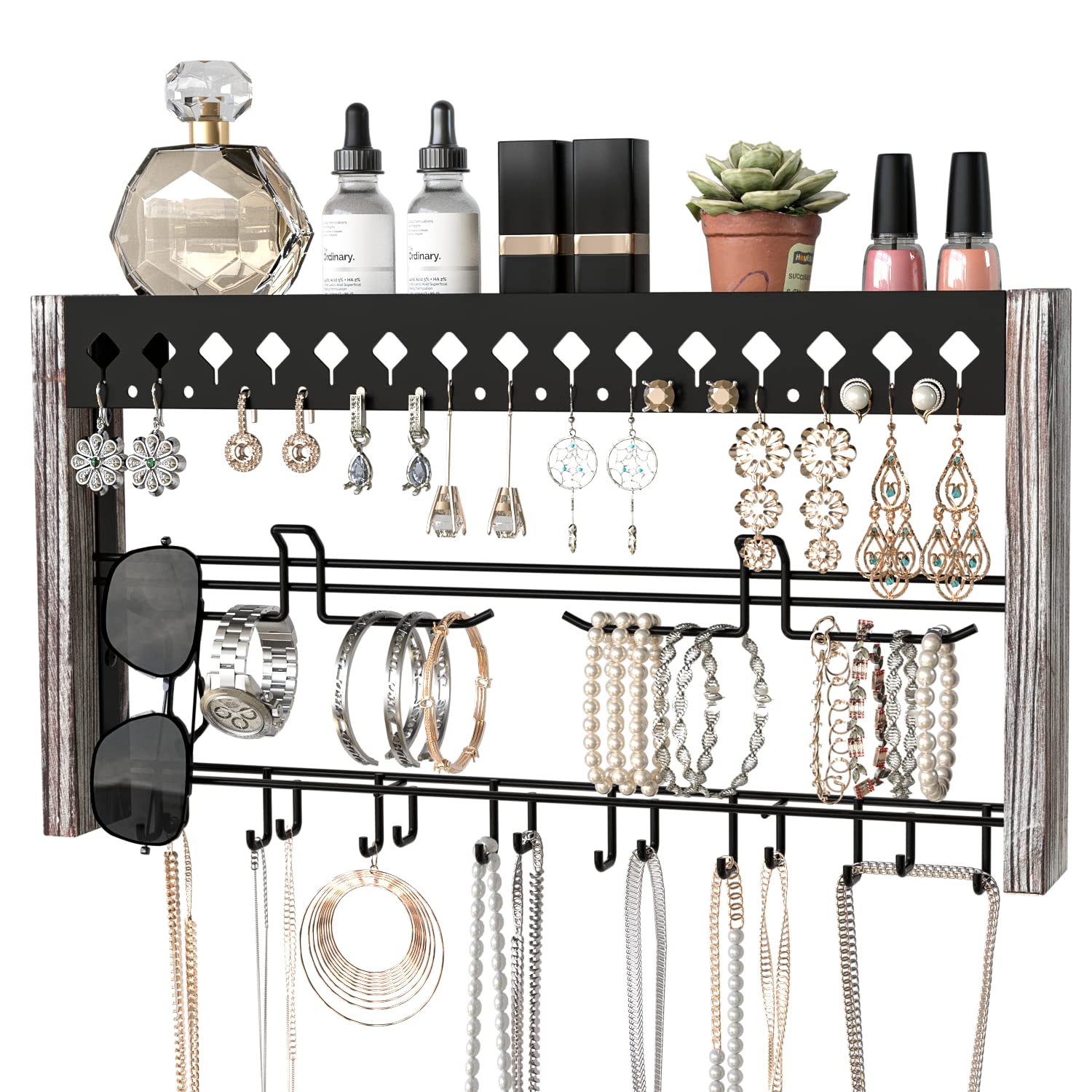 J JACKCUBE DESIGN JackCubeDesign Rustic Wood Wall Mount Jewelry Organizer with Metal Hooks for Necklaces, Ring, Earrings (Rustic White) - MK460B