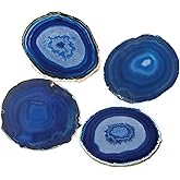 AMOYSTONE Blue Agate Coasters Set of 4, 3-3.5 Inch Stone Coasters with Rubber Bumpers, Valentine's Day Gift for Her, Modern Coffee Table Decor, Birthday Present