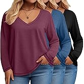Evervibe 3 Pack Women's Plus Size T Shirts, Casual Long Sleeve Tops V Neck Basic Shirts Fall Loose Fit Soft Tops