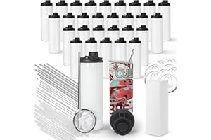 FECBK 30 Pack Sublimation Water Bottle Blanks 20 oz Sublimation Sports Water Bottle with Handle Stainless Steel Sublimation Tumbler Blanks with Lids and Straws, Individually Box, White, DIY Gift