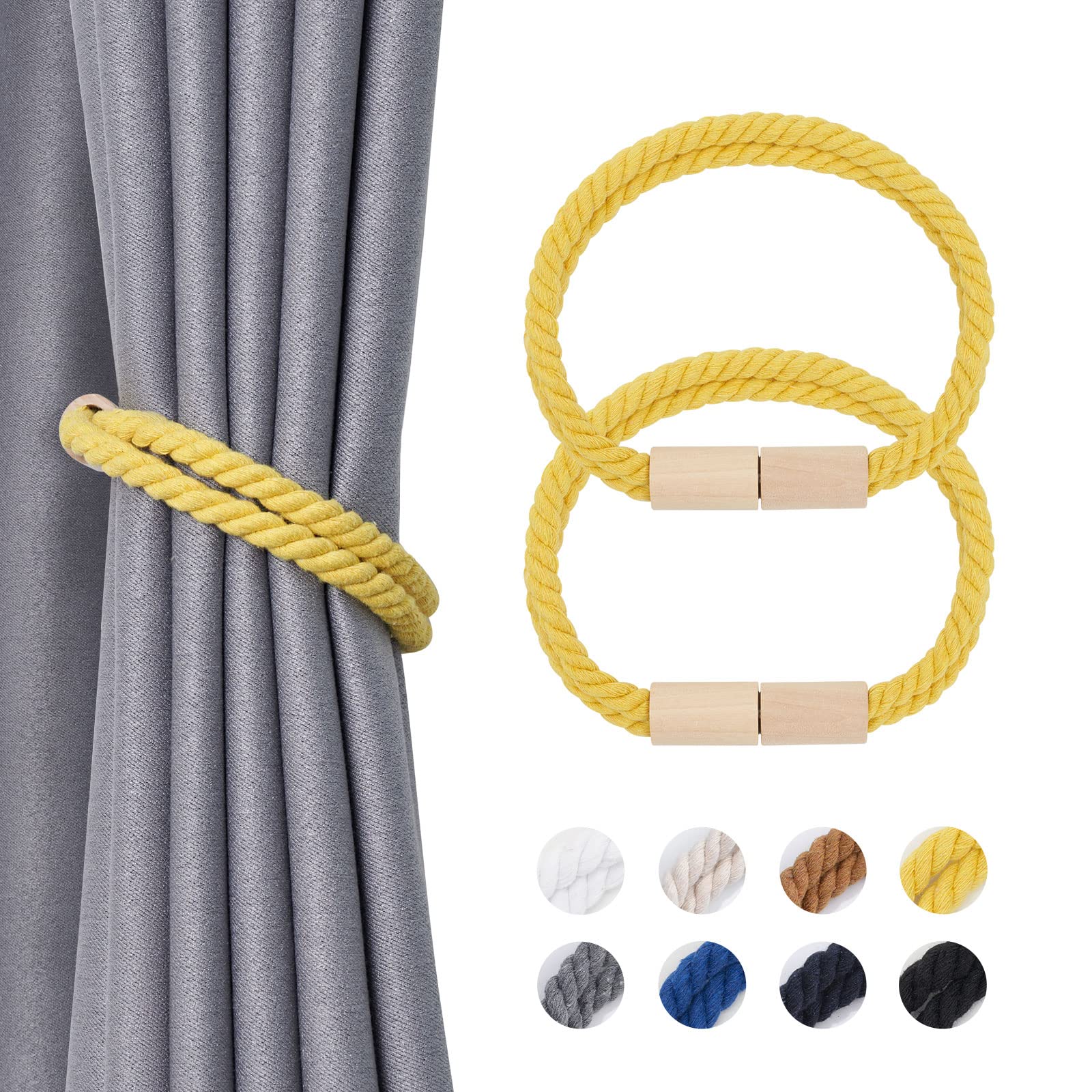 Pretty Jolly 2 Pack Wooden Magnetic Curtain Tiebacks Boho Decoration Drape Tie Backs Natural Cotton Handmade Double Rope Curtain Holdbacks for Thin & Thick Home & Office Window Drapery (New Yellow)