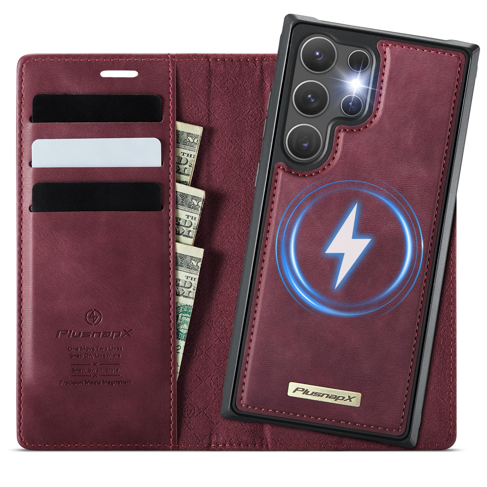 Photo 1 of PlusnapX Wallet Case for Samsung Galaxy S25 Ultra Compatible with Magsafe, 2-in-1 PU Leather Flip RFID Blocking Card Holder Stand Shockproof Magnetic Detachable Cover for Galaxy S25 Ultra, Burgundy