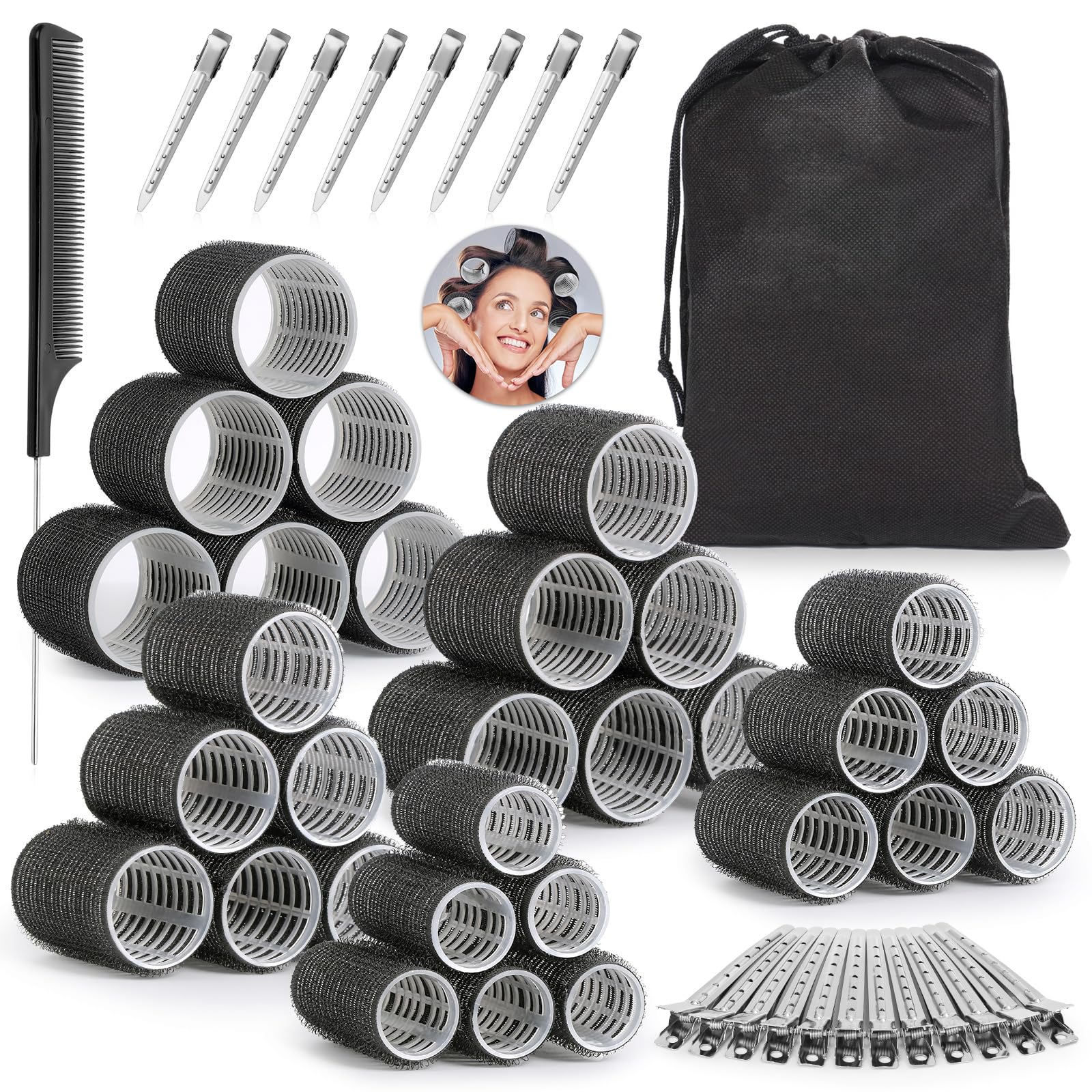Thrilez 56PCS Hair Curlers Rollers with 5 Sizes 55mm 48 mm 40 mm 32 mm 25mm Jumbo Large Medium Small Rollers for Long Medium Short Thick Fine Lift Curler Volume, Hair Roller Set for DIY Hairdressing