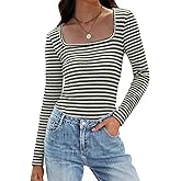 IWD Womens Striped Long Sleeve Shirts Slim Fit Square Neck Tops 2026 Spring Lightweight Knit Pullover Sweater