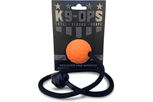 K9 Ops Dog Ball on a Rope Moki Tug Toy - Solid Rubber Fetch Training Reward - Large Dogs Durable Indestructible Chewers Pitbull Dobermann Rottweiler Shepherd (Tiger Orange - Black Rope)