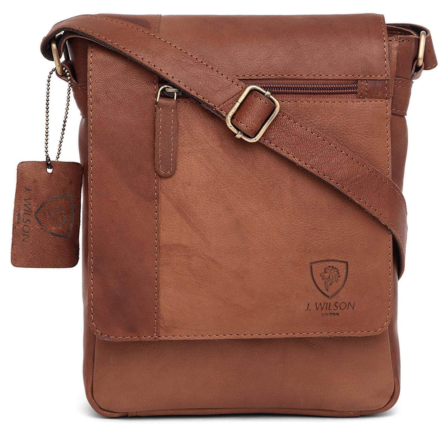 J. Wilson London 100% Pure Genuine Real Vintage Hunter Leather Handmade Mens Leather Flapover Everyday Cross-Body Shoulder Work Messenger Bag (Vintage Tan) — image 1