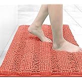 Grandaily Chenille Striped Bathroom Rugs 30x20, Extra Thick and Absorbent Bath Mats, Non-Slip Soft Plush Shaggy Shower Carpet, Machine Wash Dry, Bath Rug for Bathroom, (Medium, Coral)