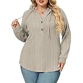 ROSRISS Plus Size Tops for Women Casual V Neck Hoodies Sweatshirts Fashion Ribbed Knit Shirts Loose Fit Long Sleeve Sweaters