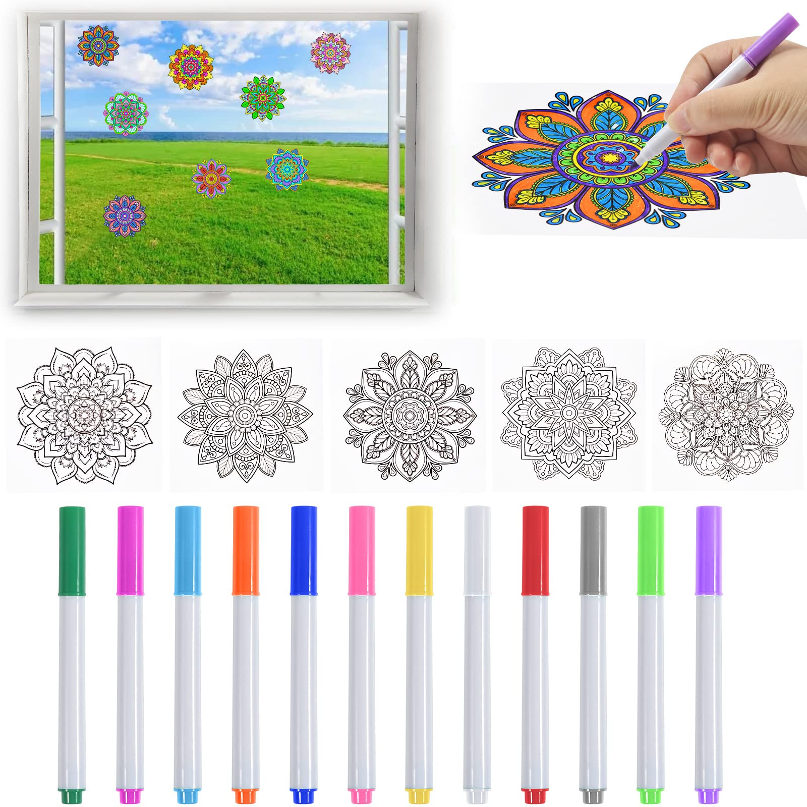 DIY Window Art Craft Kit for Kids Ages 5-10, Stained Glass Mandala Window Clings and Markers, 5PCS Doodleable Suncatchers Stickers with 12PCS Pens, Girls & Boys Birthday Gift for 6-12 Year Old