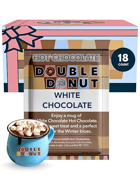 DOUBLE DONUT WHITE HOT CHOCOLATE MIX PACKETS, FLAVORED WHITE HOT COCOA MIX PACKETS, 18 COUNT