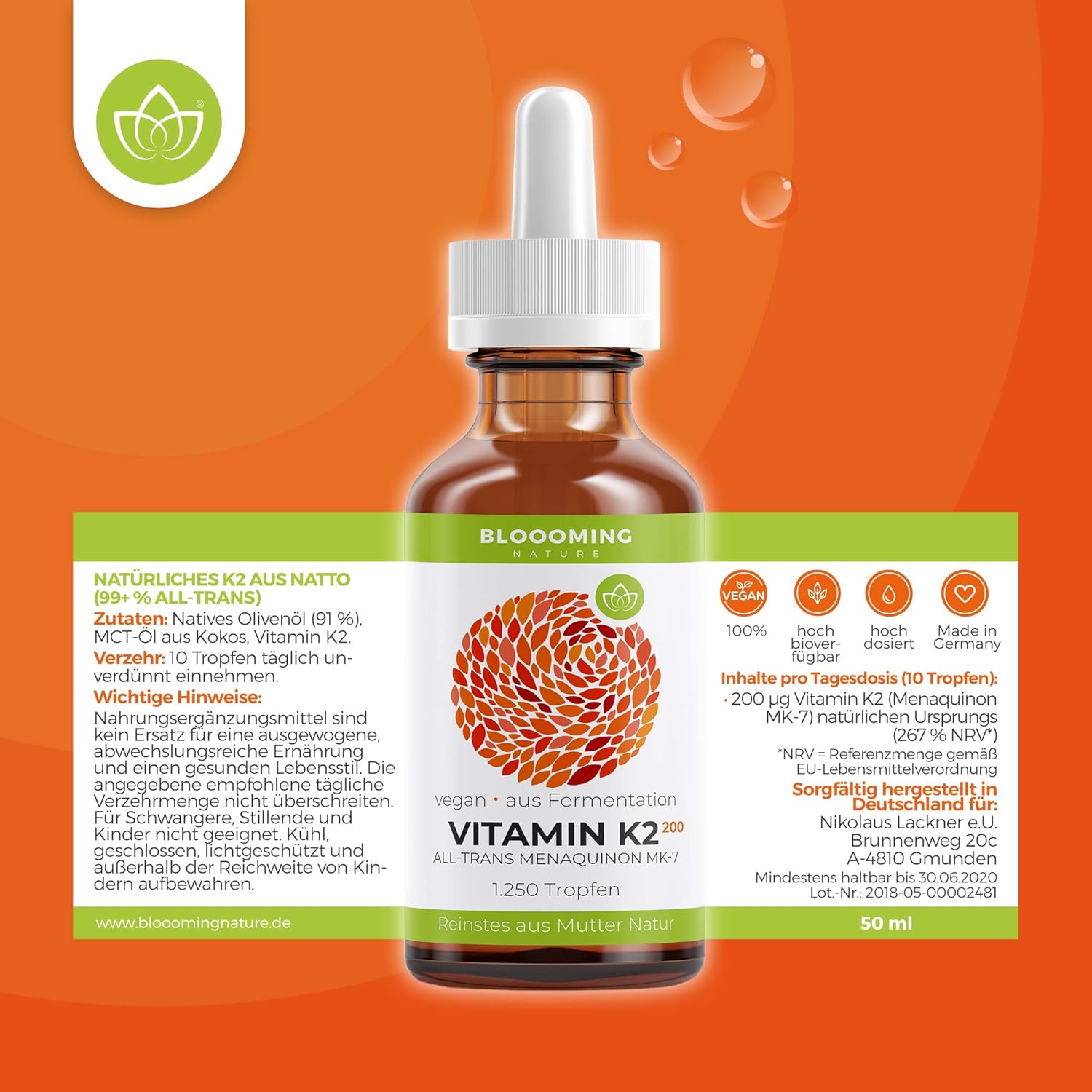 Vitamin K2 Mk 7 Tropfen Menachinon Hochdosiert 100 Vegan Hohe Bioverfugbarkeit Hergestellt In Deutschland Ohne Kunstliche Zusatze 50 Ml 1 250 Tropfen Im 4 Monats Vorrat Amazon De Drogerie Korperpflege