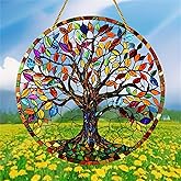 JUNWALL Colourful Big Tree Acrylic Window Hanging, Tree of Life Stained Acrylic Window Decor Hanging Ornaments Indoor Outdoor Garden Stained Art Panel Gift for Women Christmas Thanksgiving