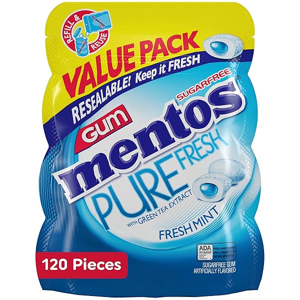 MENTOS PURE FRESH HOLIDAY SUGAR-FREE CHEWING GUM WITH XYLITOL, FRESH MINT, HOLIDAY CHRISTMAS STOCKING STUFFERS FOR ADULTS & KIDS, 120 PIECE BULK RESEALABLE BAG (PACK OF 1)