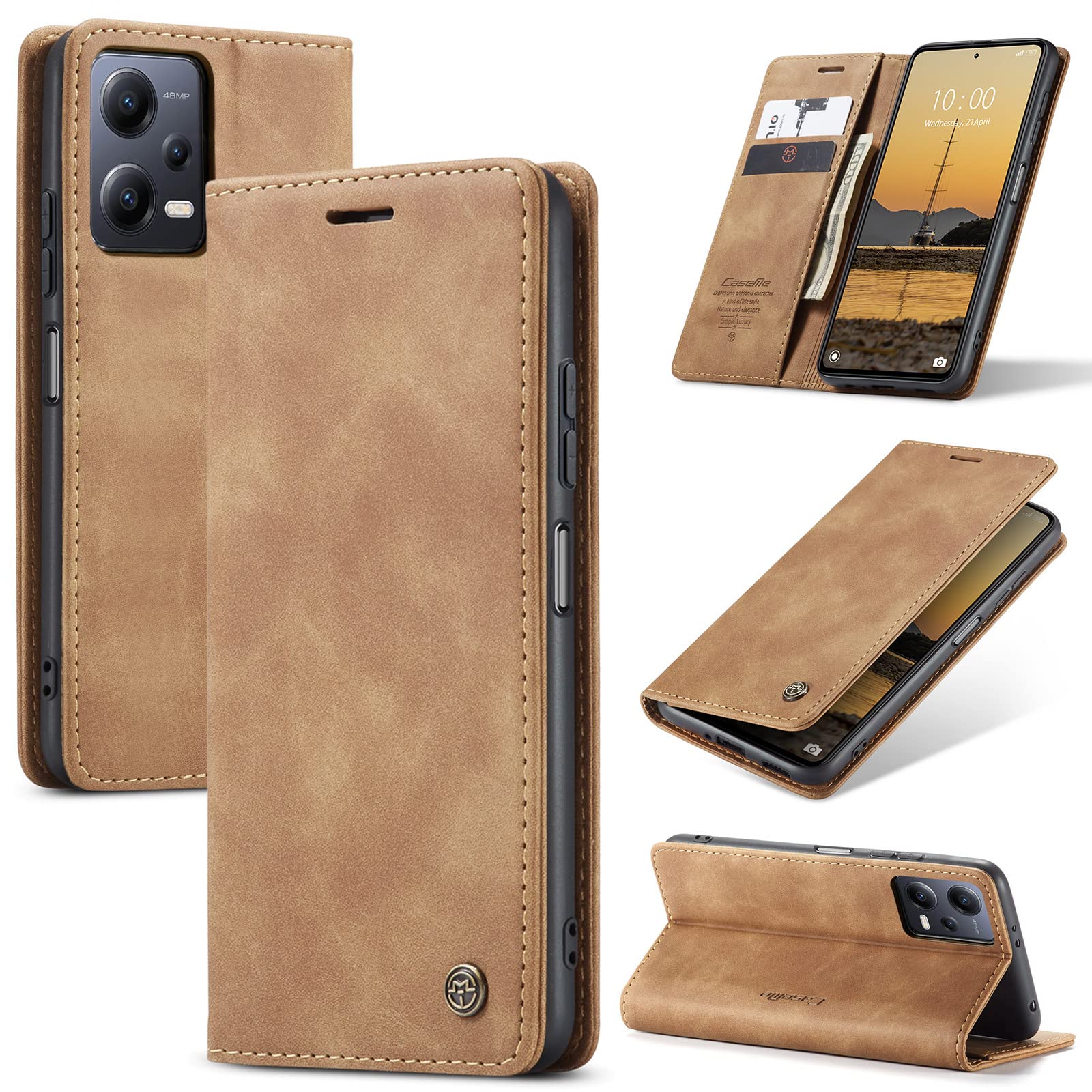UFinetech Redmi Note 12/Xiaomi POCO X5 Case, Magnetic Flip Case with Card Holder & Kickstand – Slim Leather TPU Shockproof Cover Xiaomi Redmi Note 12 5G/ Xiaomi POCO X5 5G Case for Men & Women, Brown