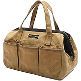 Tool Bag, 13-inch Heavy Duty Wide Mouth Water-Resistant Waxed Canvas Zipper Bag, Tool Tote with Handle for Tools, Wrenches, Screwdrivers (13 X 7.8 X 9 inch) | Khaki