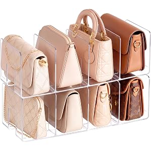 HBlife Acrylic Purse Organizer for Closet 2 Pack, 4 Sections Widened Clear Handbag Storage Shelf Bag Organizer Clutch Divider