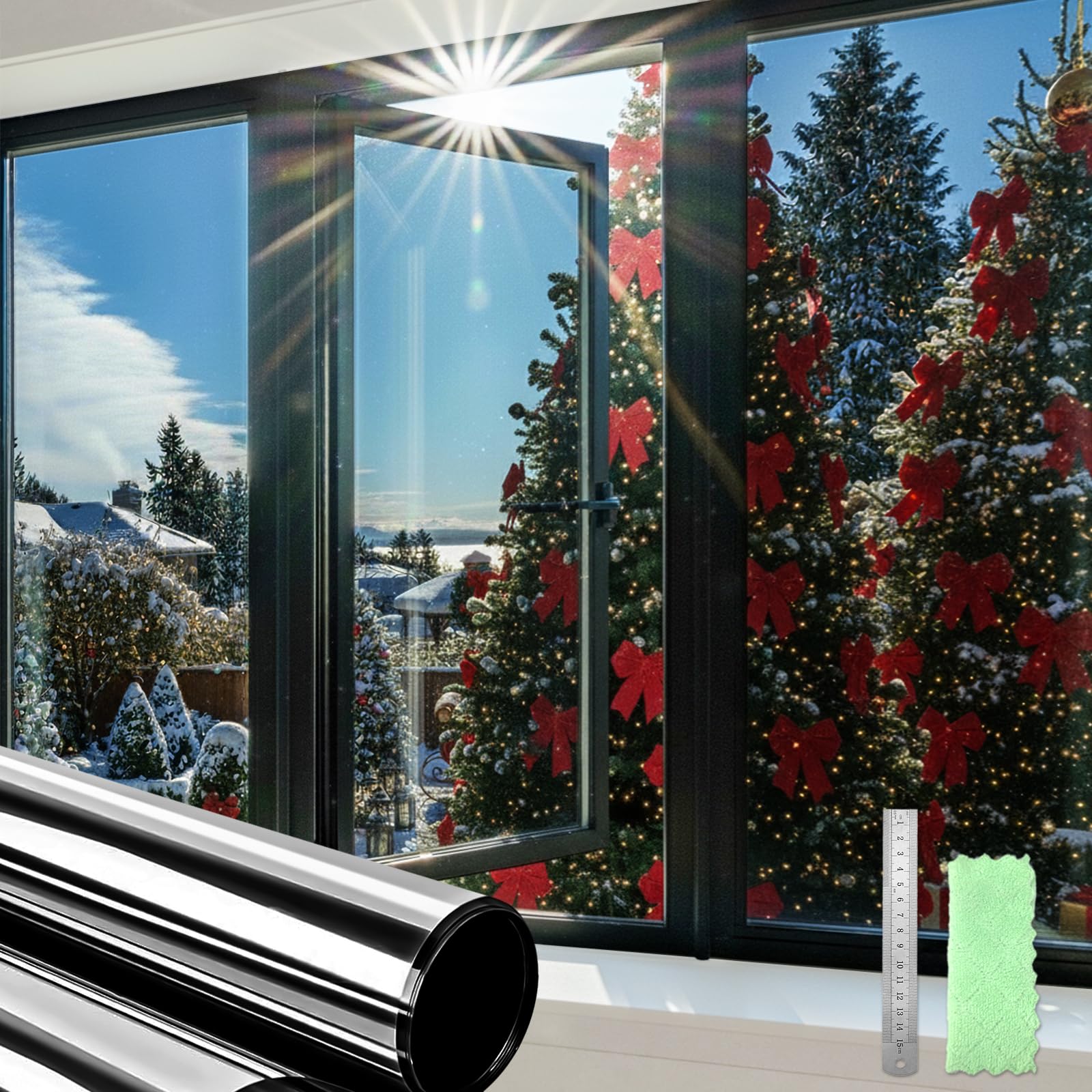 DIFIT One Way Window Film See Out Not in Privacy Films for Glass Windows Reflective Windows Film Anti-UV Anti-Glare Static Cling Window Tint for Home, Office（Black-silver，44.3x200cm）